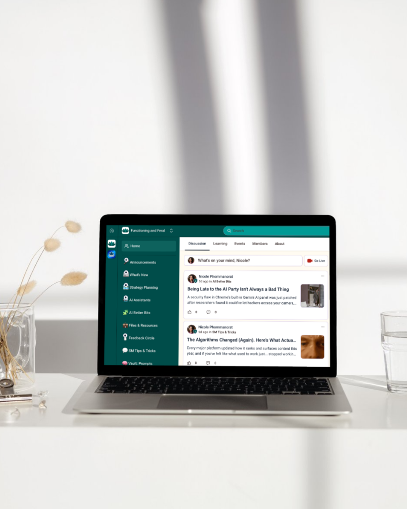 Functioning and Feral community portal displayed on a laptop with discussion threads and resources visible
