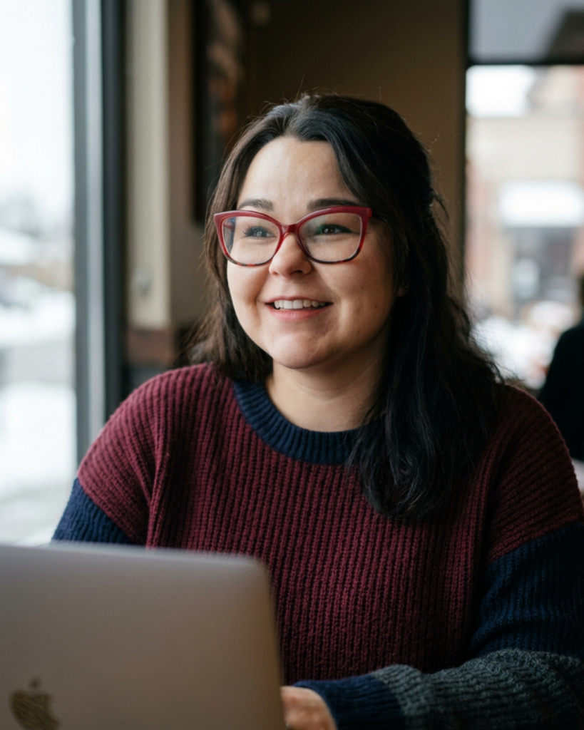 Nicole Phommanorat smiling with a laptop at a coffee shop in a burgundy and navy sweater