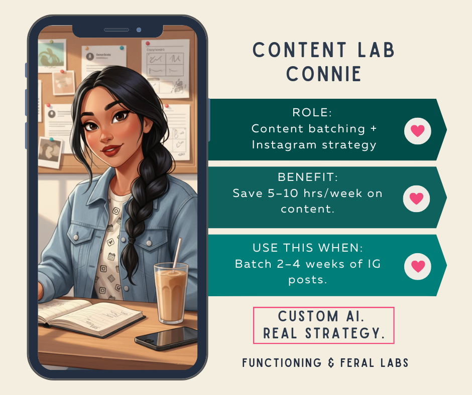 Content Connie: "Content Connie AI assistant card — handles content batching and Instagram strategy to save 5 to 10 hours per week on content."