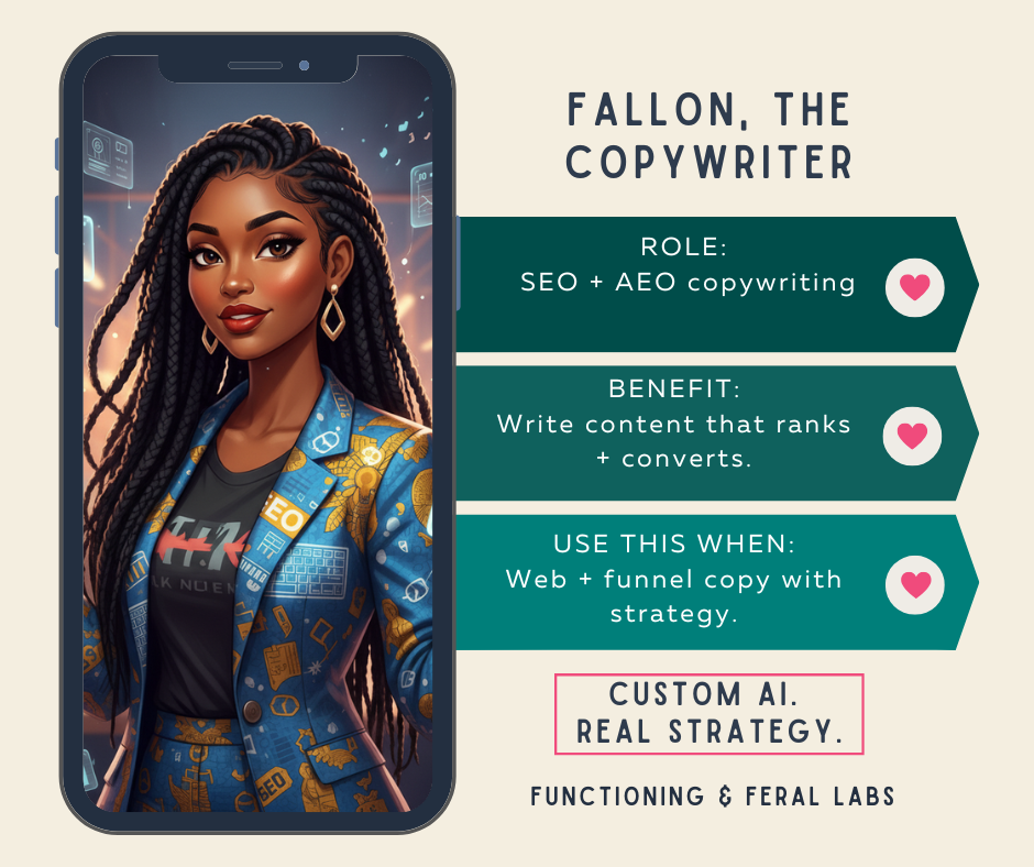 Fallon, SEO & AEO Copywriter: "Fallon SEO and AEO Copywriter AI assistant card — writes web and funnel copy that ranks in search and converts."