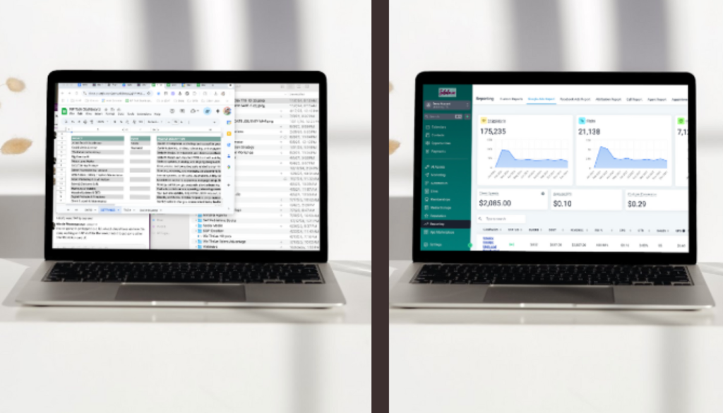 Side-by-side comparison of a cluttered spreadsheet on the left and a clean Soleila.io business dashboard on the right showing the before and after of consolidating business tools