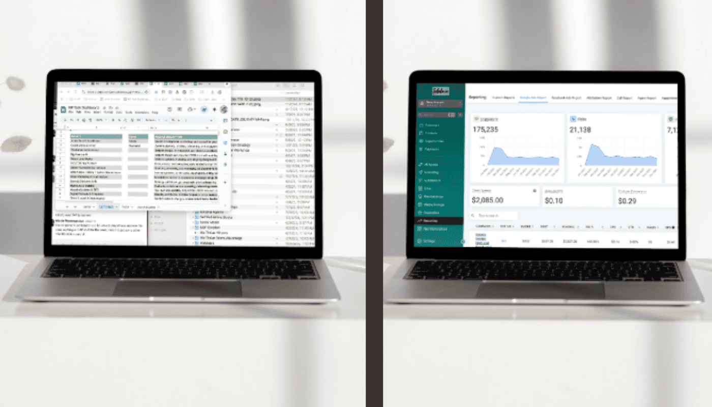 Side-by-side comparison of a cluttered spreadsheet on the left and a clean Soleila.io business dashboard on the right showing the before and after of consolidating business tools