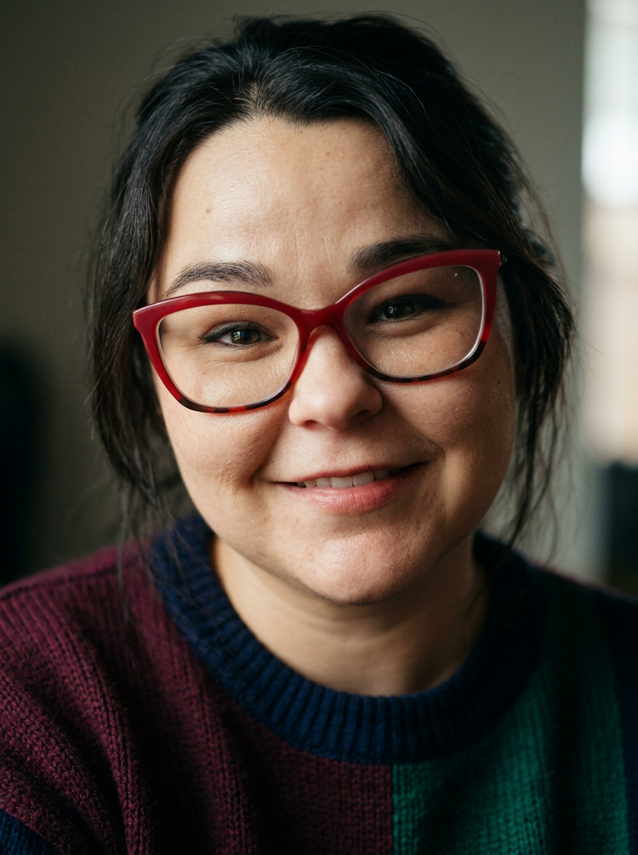 Work with Nicole Phommanorat. A headshot of Nicole smiling in red cat eye glasses and a color-block sweater.