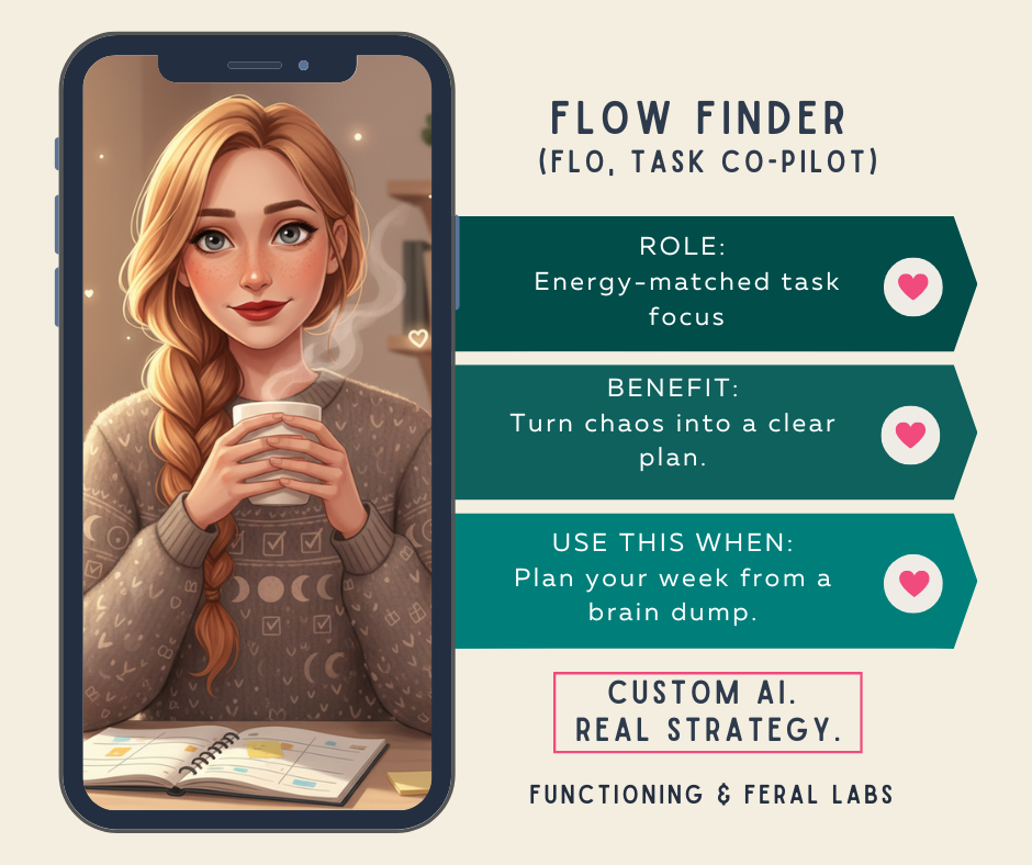 Flow Finder: "Flow Finder AI assistant card — matches tasks to your energy so you can turn chaos into a clear plan from a brain dump."