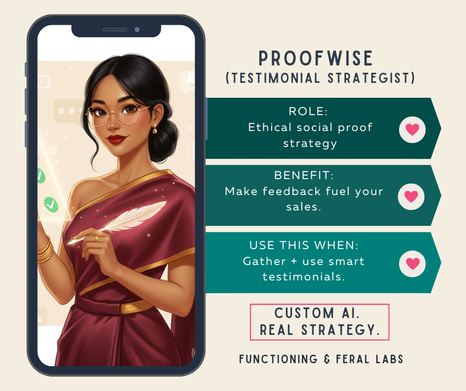 ProofWriter (Testimonial Strategist): "ProofWriter Testimonial Strategist AI assistant card — gathers and formats ethical social proof so client feedback fuels your sales."