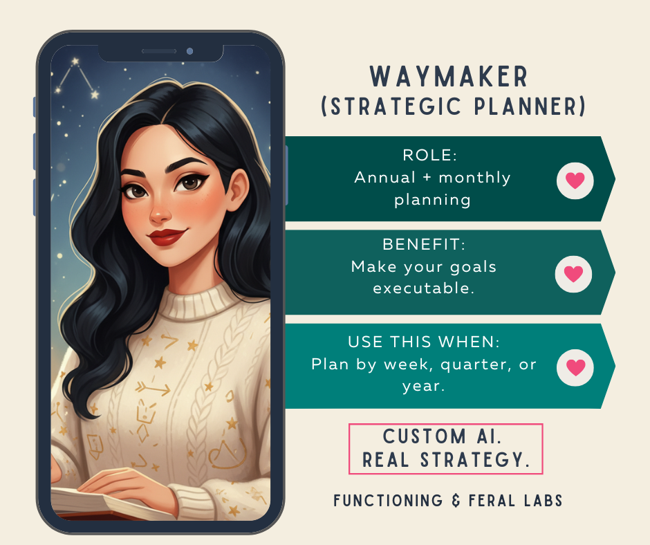 Waymaker (Strategic Planner): "Waymaker Strategic Planner AI assistant card — turns annual and monthly planning into executable goals broken down by week, quarter, or year."