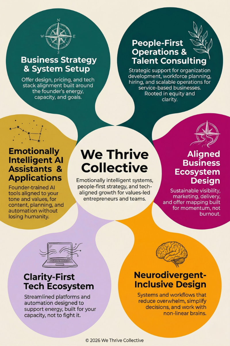 "We Thrive Collective ecosystem infographic showing six interconnected service areas: Business Strategy and System Setup, People-First Operations and Talent Consulting, Aligned Business Ecosystem Design, Neurodivergent-Inclusive Design, Clarity-First Tech Ecosystem, and Emotionally Intelligent AI Assistants and Applications. Center text reads: emotionally intelligent systems, people-first strategy, and tech-aligned growth for values-led entrepreneurs and teams."
