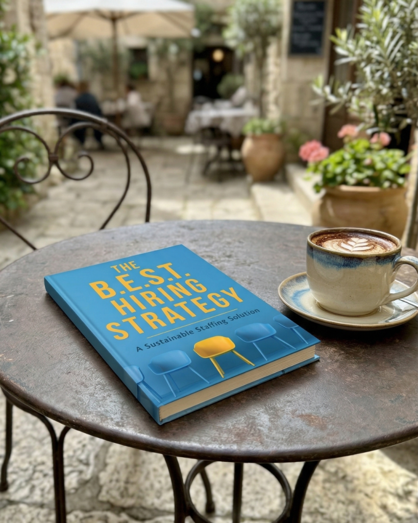 The B.E.S.T. Hiring Strategy: A Sustainable Staffing Solution by Nicole Phommanorat, book cover featuring a row of blue chairs with one yellow chair in the center