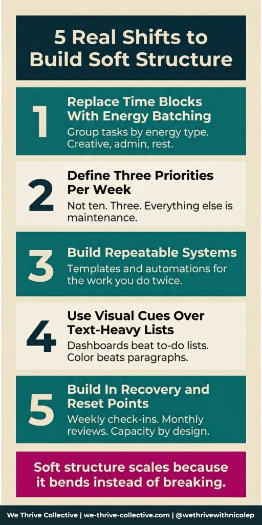 Infographic showing 5 shifts to build soft structure for sustainable business growth by We Thrive Collective