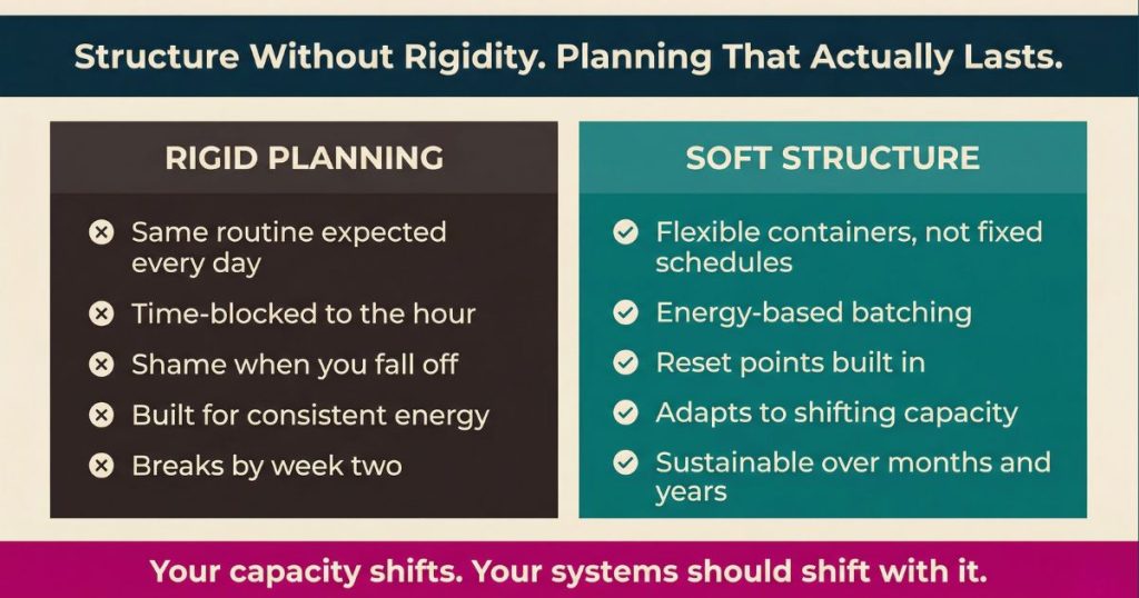 Comparison graphic showing rigid planning versus soft structure for sustainable business growth, created by We Thrive Collective