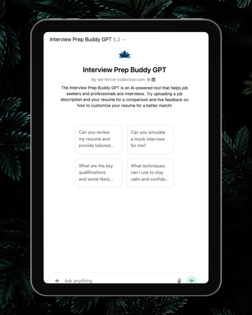 Interview Prep Buddy GPT by We Thrive Collective, shown on a tablet screen with mock interview and resume review prompts