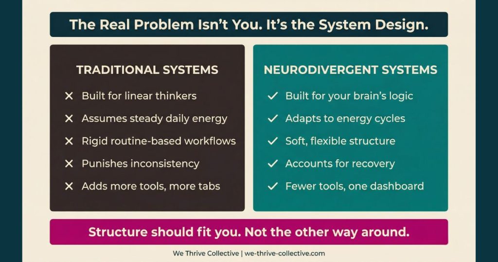 Comparison graphic showing traditional business systems vs neurodivergent business systems built for ADHD-friendly workflows