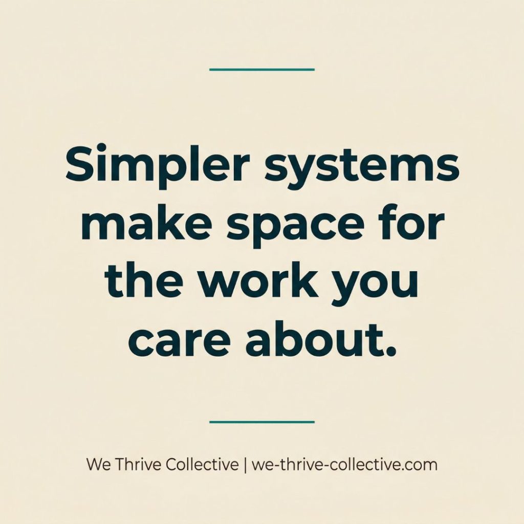 Quote graphic reading "Simpler systems make space for the work you actually care about" by We Thrive Collective