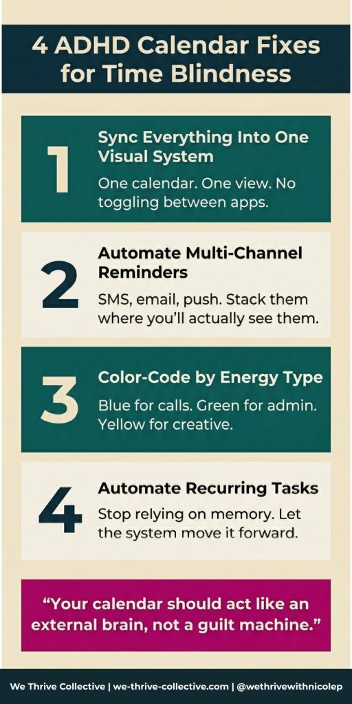 Infographic showing 4 ADHD calendar fixes for taming time blindness by We Thrive Collective