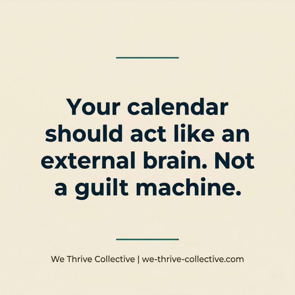 Quote graphic reading "Your calendar should act like an external brain. Not a guilt machine." by We Thrive Collective