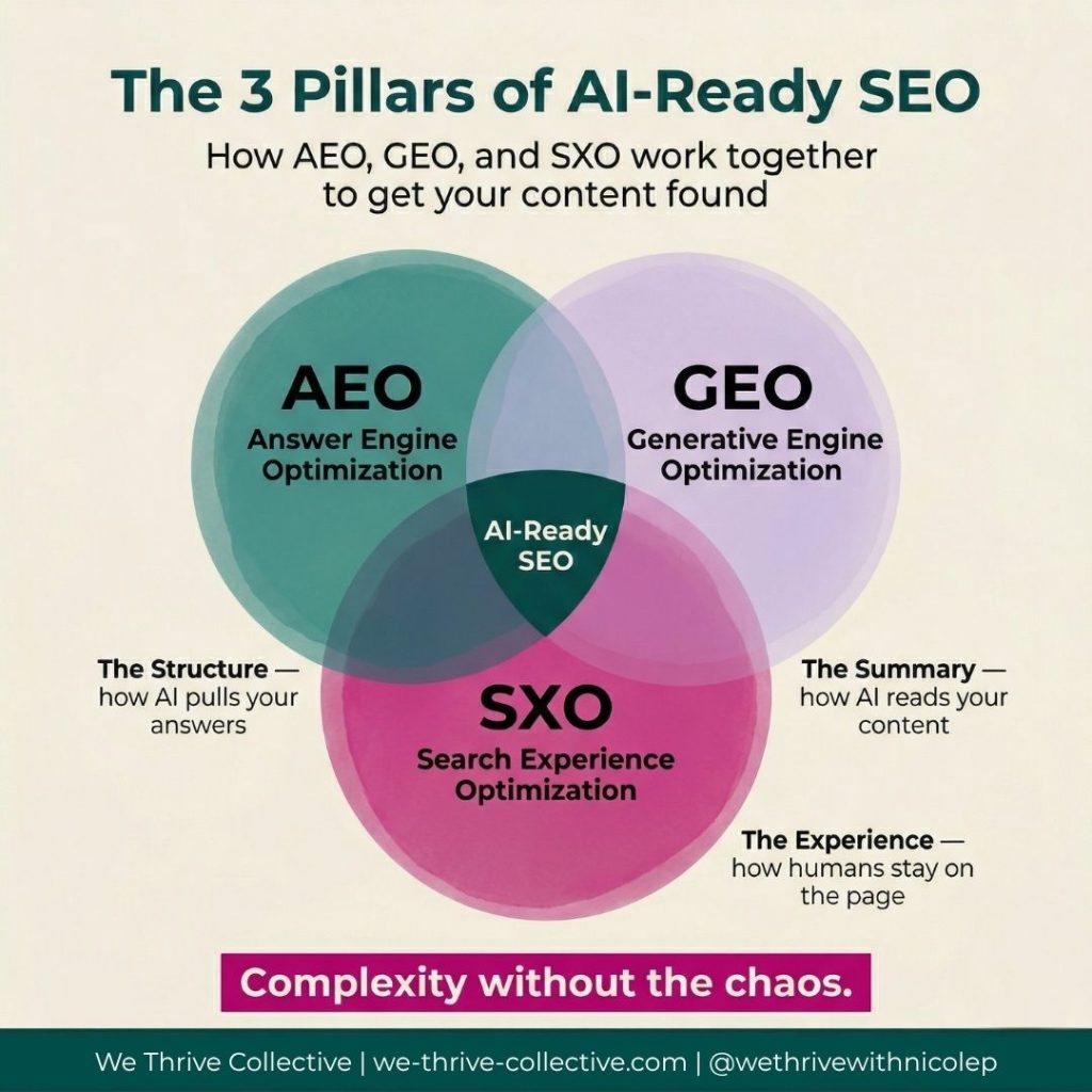 A Venn diagram showing AEO, GEO, and SXO as the three pillars of AI-ready SEO for neurodivergent founders, with AI-Ready SEO at the center where all three overlap