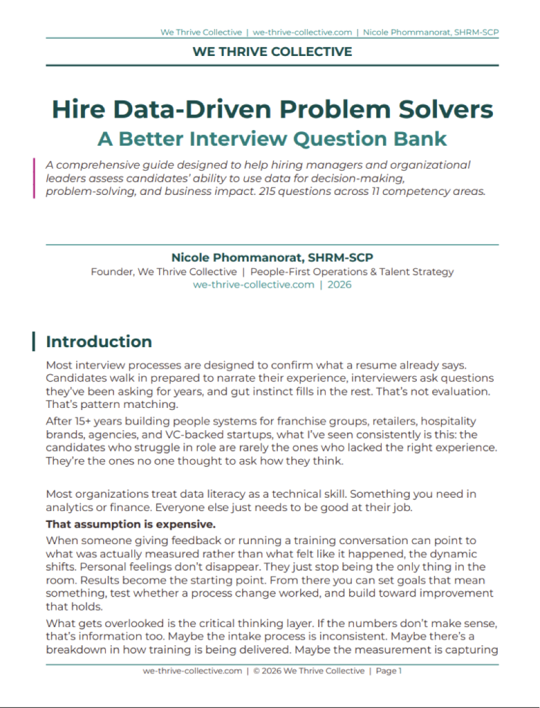 Hire Data-Driven Problem Solvers: A Better Interview Question Bank by Nicole Phommanorat, SHRM-SCP, Founder of We Thrive Collective, covering 215 questions across 11 competency areas for hiring managers and organizational leaders