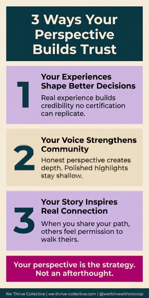 Infographic showing 3 ways honoring your unique perspective builds trust by We Thrive Collective