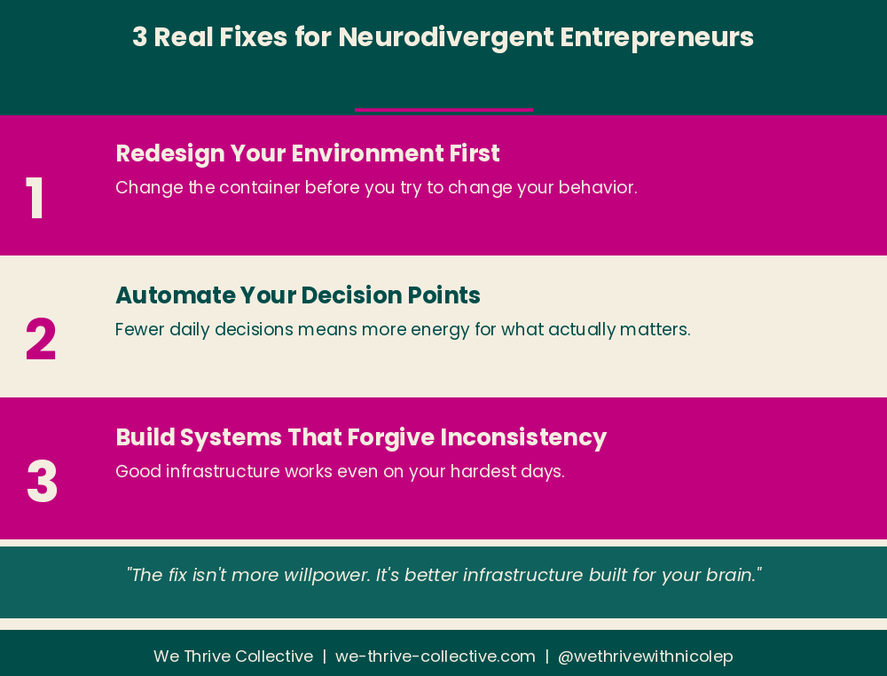 Infographic showing 3 fixes for breaking barriers for neurodivergent entrepreneurs by We Thrive Collective