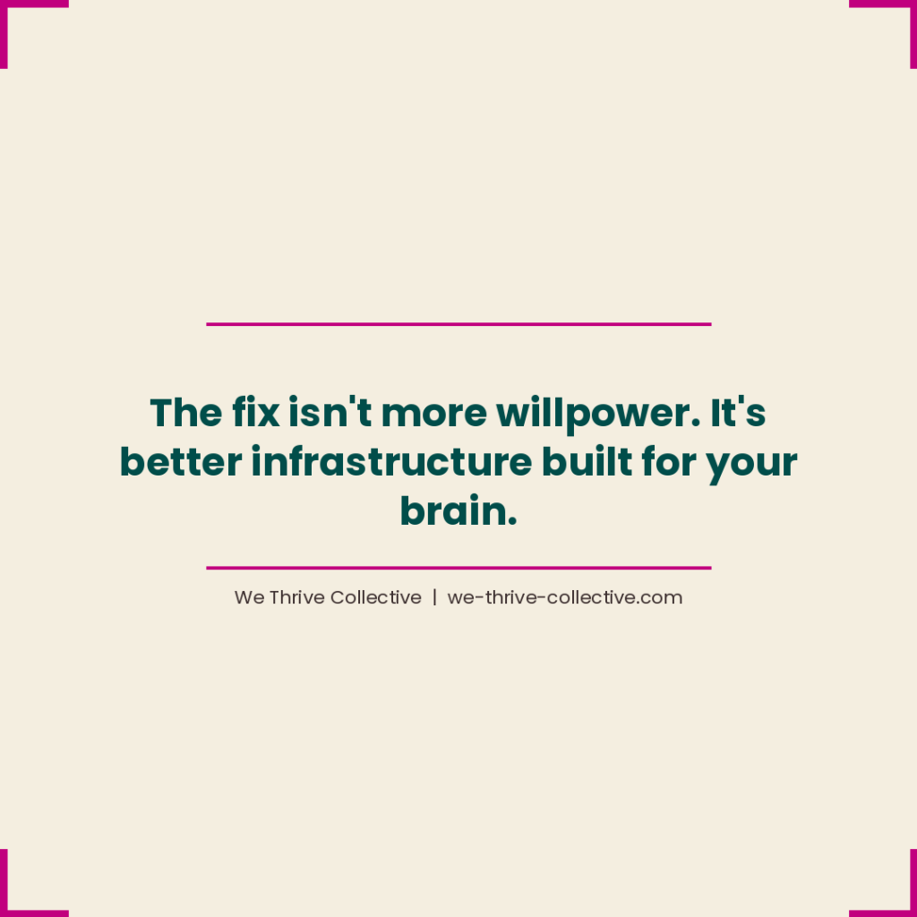 Quote graphic reading "The fix isn't more willpower. It's better infrastructure built for your brain." by We Thrive Collective